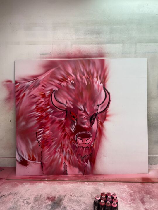 Peinture intitulée "RED BISON" par Neslo, Œuvre d'art originale, Bombe aérosol