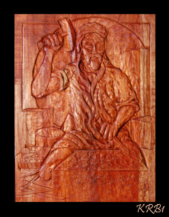 Sculpture titled "Tailleur de pierre" by Nicolas Bouriot (KRB1), Original Artwork, Wood
