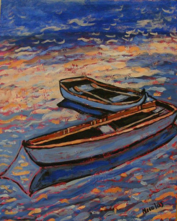 Pintura intitulada "Les barques" por Nicolas Cavuoto, Obras de arte originais, Óleo