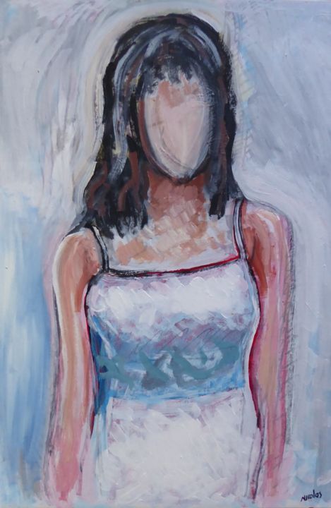 Painting titled "Jeune femme en blanc" by Nicolas Cavuoto, Original Artwork, Oil