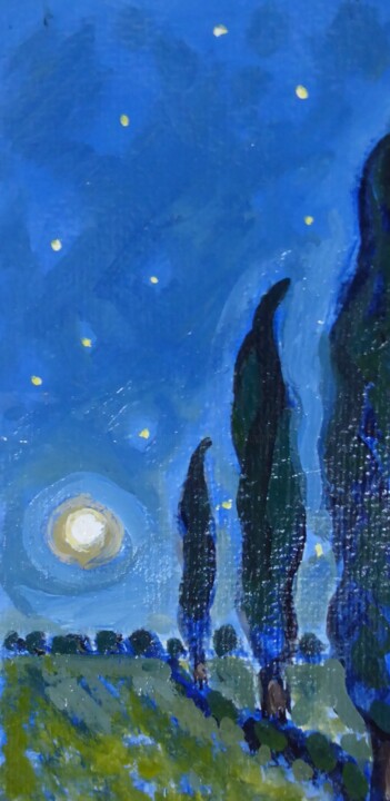 Peinture intitulée "Nuit aux cyprès" par Nicolas Cavuoto, Œuvre d'art originale, Huile