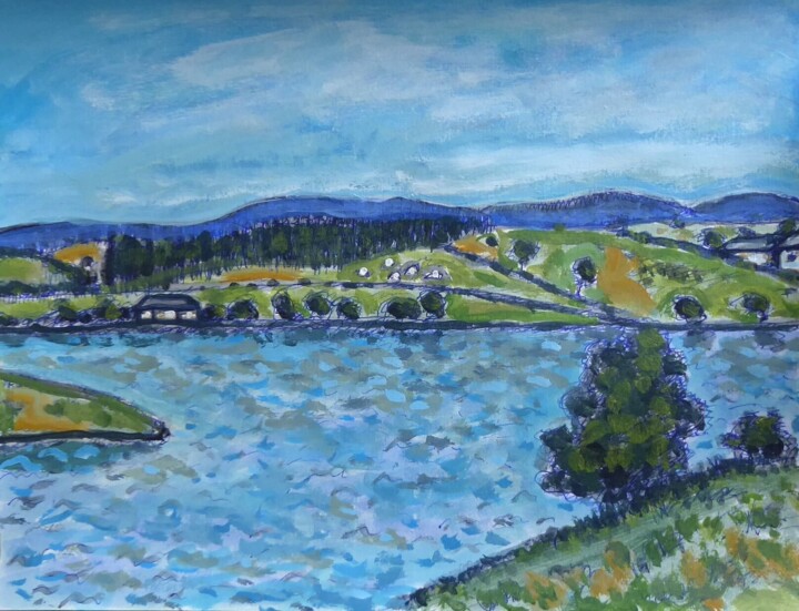 Painting titled "Vue sur le lac Deve…" by Nicolas Cavuoto, Original Artwork, Oil