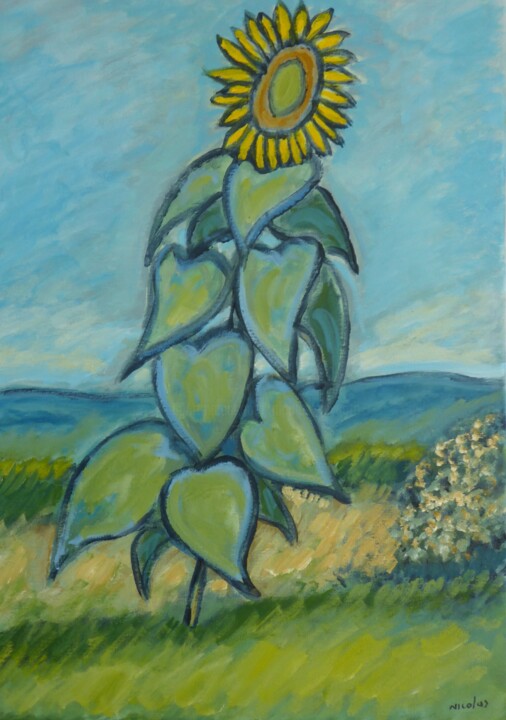 Painting titled "Le tournesol" by Nicolas Cavuoto, Original Artwork, Oil Mounted on Wood Stretcher frame