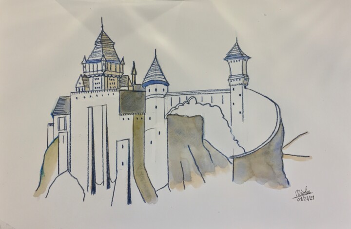 Dibujo titulada "Castle on the Hills" por Nicolas Chammat, Obra de arte original, Lápiz