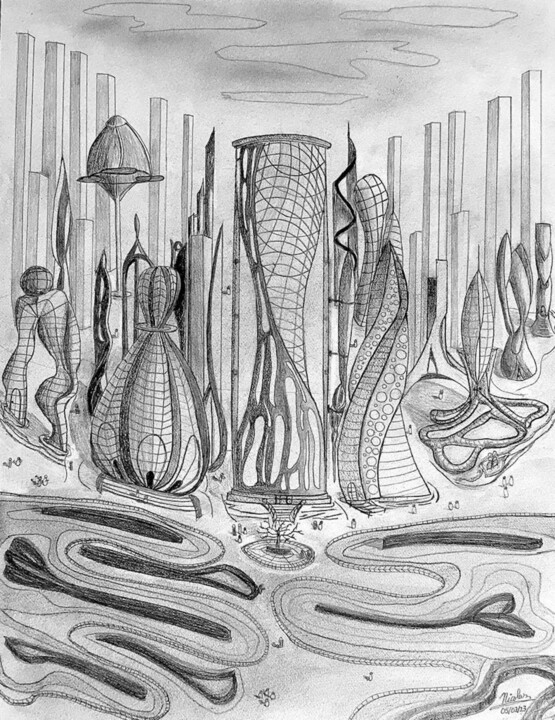 Disegno intitolato "Futuristic City" da Nicolas Chammat, Opera d'arte originale, Grafite