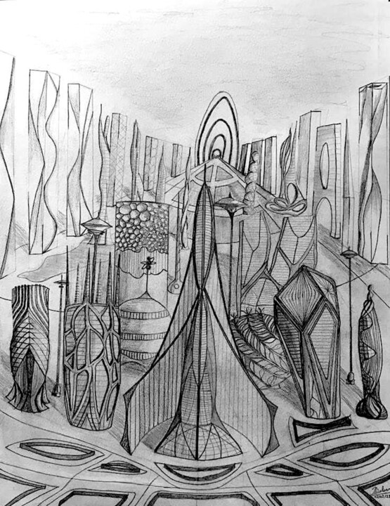 Dibujo titulada "Future City" por Nicolas Chammat, Obra de arte original, Grafito