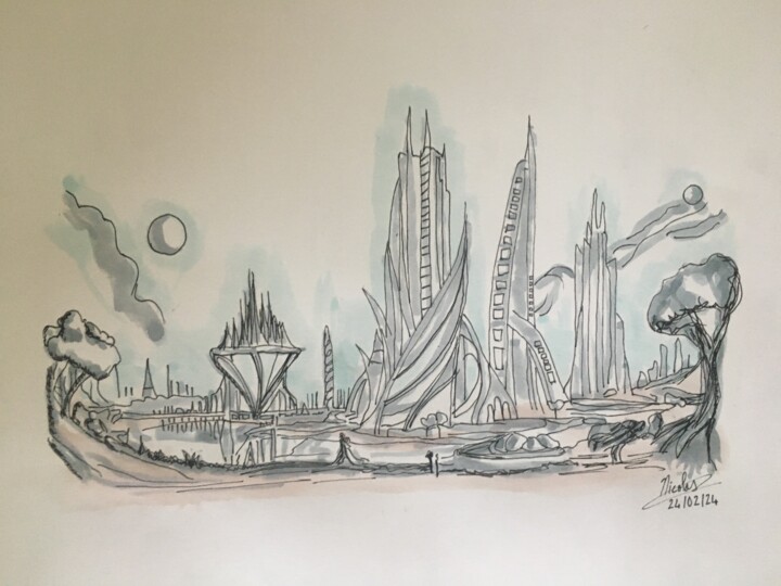 Dessin intitulée "Solaria City" par Nicolas Chammat, Œuvre d'art originale, Marqueur
