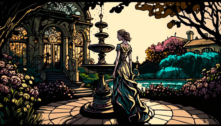 Drawing titled "Lady in the Garden" by Nicolas Chammat, Original Artwork, Stained glass painting
