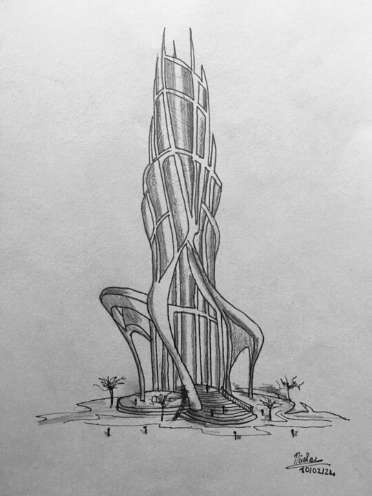 Drawing titled "Gerty Building" by Nicolas Chammat, Original Artwork, Pencil