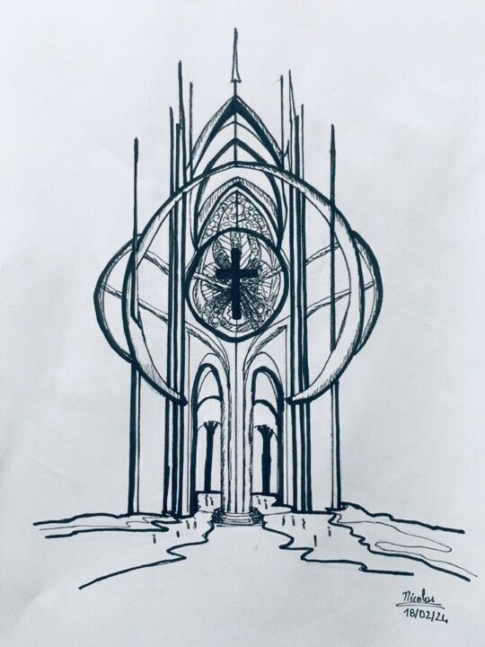 Dibujo titulada "Church Facade" por Nicolas Chammat, Obra de arte original, Rotulador