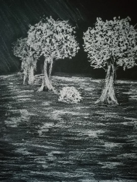 Dessin intitulée "Trees on the moon" par Nicolas Daubresse, Œuvre d'art originale, Pastel
