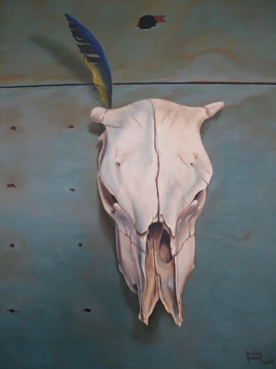 Pittura intitolato "Skull and Feather" da Nicolas Gheur, Opera d'arte originale, Olio