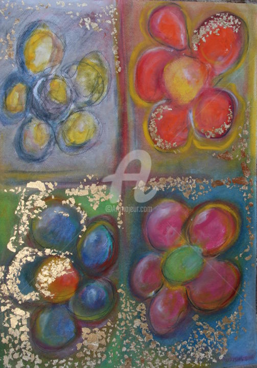 Painting titled "Golden Flowers" by Nicolas Guillemard, Original Artwork, Pastel