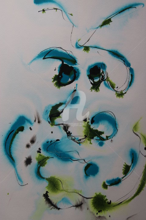 Drawing titled "blue and green" by Nicolas Guillemard, Original Artwork, Ink