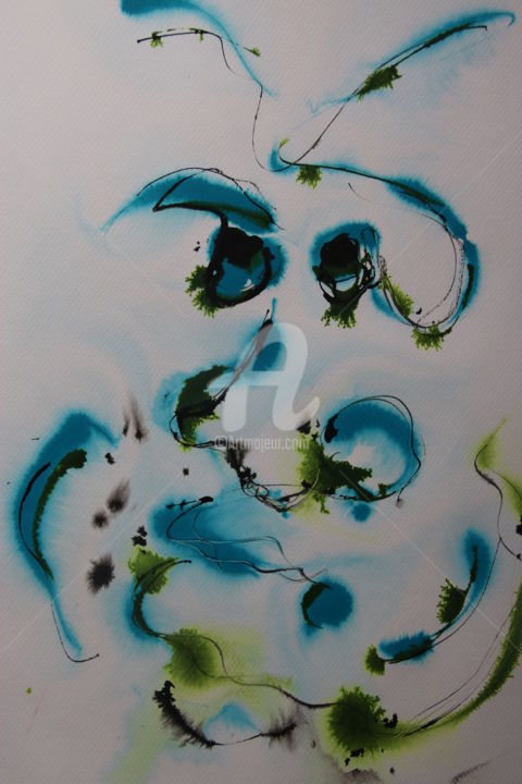 Dessin intitulée "blue and green" par Nicolas Guillemard, Œuvre d'art originale, Encre