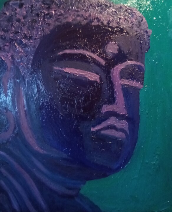 Painting titled "Grand Bouddha" by Nicolas Martin, Original Artwork, Oil Mounted on Wood Stretcher frame