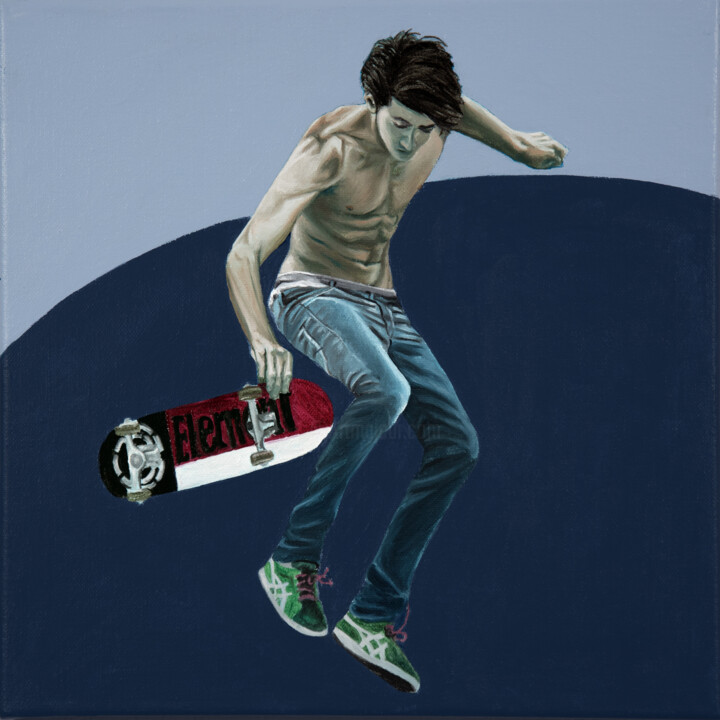 Schilderij getiteld "Skate I" door Nicolas Maureau, Origineel Kunstwerk, Olie Gemonteerd op Frame voor houten brancard