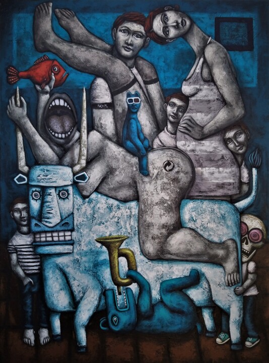 Painting titled "CHEPTEL" by Nicolas Monjo, Original Artwork, Acrylic Mounted on Wood Stretcher frame