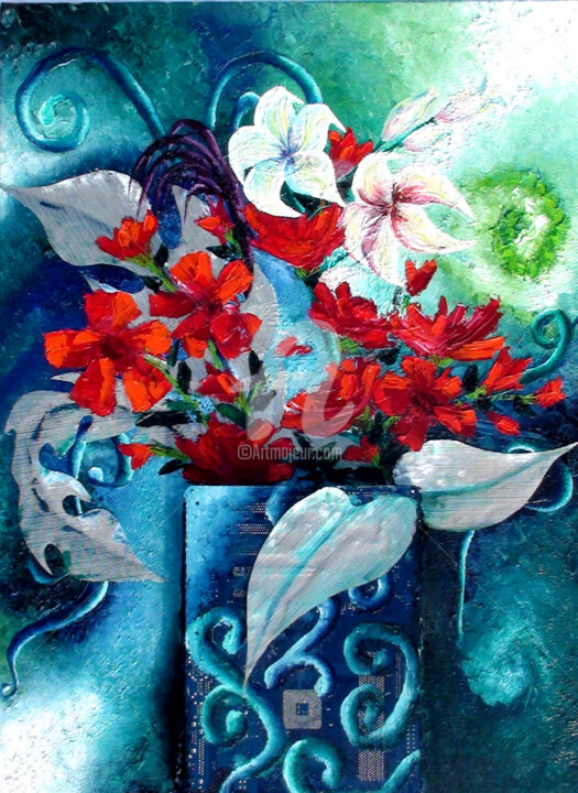 Peinture intitulée "Bouquet de fleurs a…" par Nicolas Péché, Œuvre d'art originale