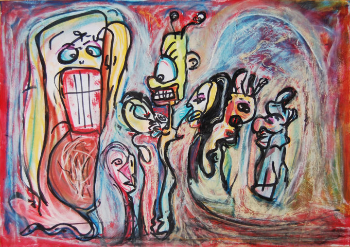 Peinture intitulée "Famille nombreuse" par Nicol, Œuvre d'art originale, Acrylique