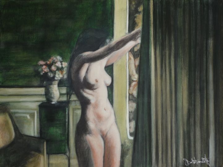 Peinture intitulée "Nue aux rideaux" par Nicolas Delatronchette, Œuvre d'art originale, Acrylique