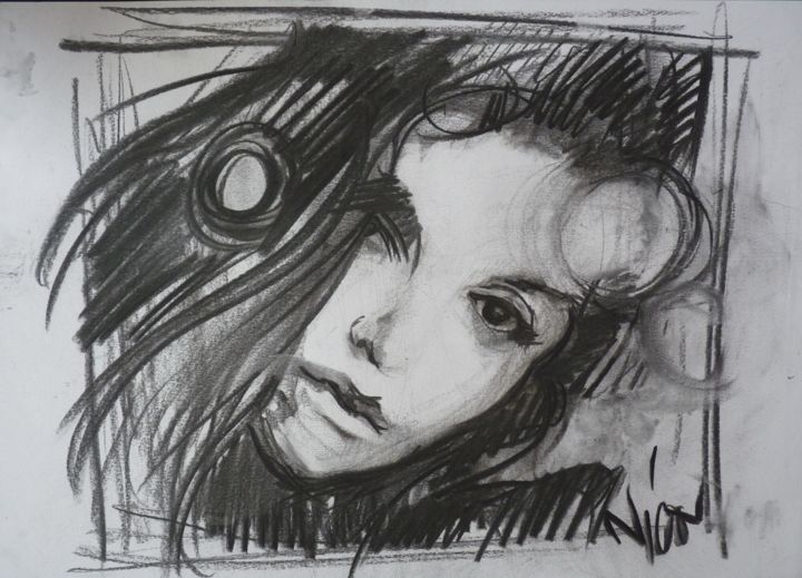 Rysunek zatytułowany „a girl from my drea…” autorstwa Nicolas Delatronchette, Oryginalna praca, Węgiel drzewny