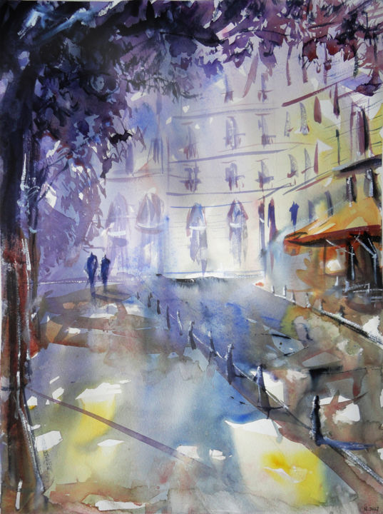 Pintura intitulada "Promenade à l'ombre" por Nicolas Jolly, Obras de arte originais, Aquarela