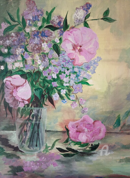 Painting titled "Bouquet mauve" by Nicole Bachelard, Original Artwork, Acrylic