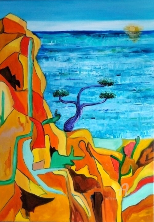 Malerei mit dem Titel "Paysage côtier" von Nicole Bachelard, Original-Kunstwerk, Öl Auf Keilrahmen aus Holz montiert