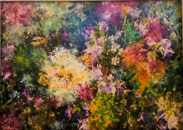 Painting titled "Happy bees" by Nicole Benjamin, Original Artwork, Oil Mounted on Wood Panel