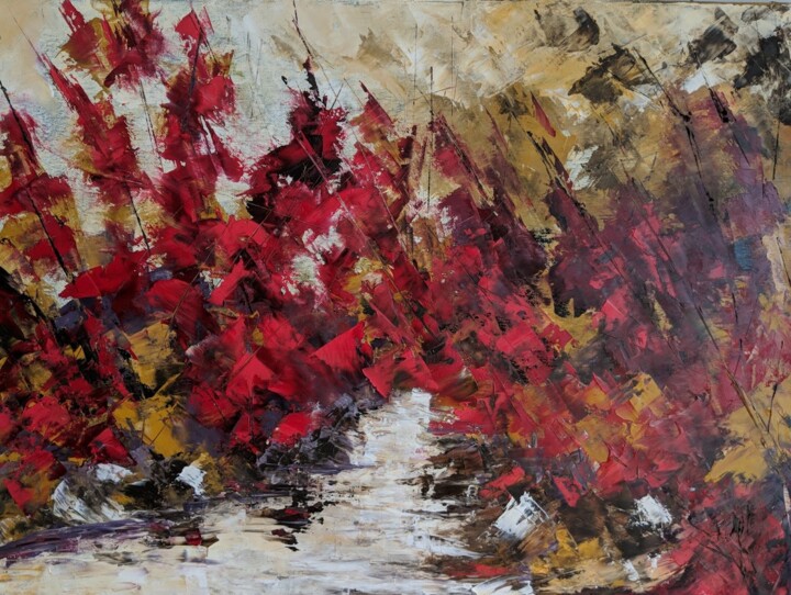 Painting titled "Paysage d'automne a…" by Nicole Caron, Original Artwork, Oil