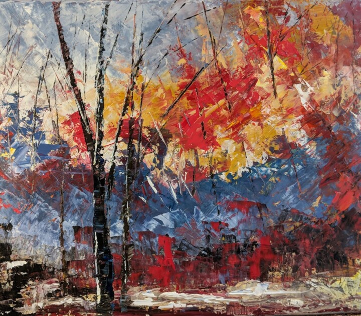 Painting titled "Paysage d'automne a…" by Nicole Caron, Original Artwork, Oil