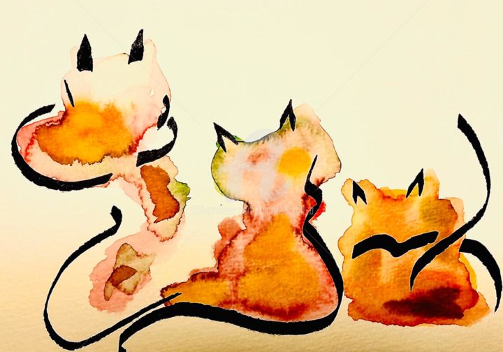 Pintura titulada "3 Cats" por Nicole Cecil B, Obra de arte original, Acuarela