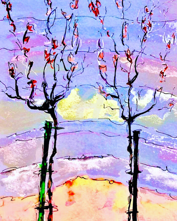 Painting titled "Autumn Trees" by Nicole Cecil B, Original Artwork, Watercolor
