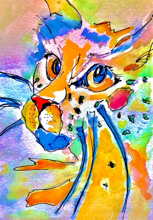 Painting titled "The Eyes of a Cat" by Nicole Cecil B, Original Artwork, Watercolor