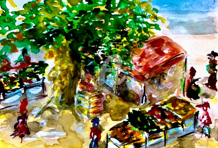 Painting titled "Market Day" by Nicole Cecil B, Original Artwork, Watercolor