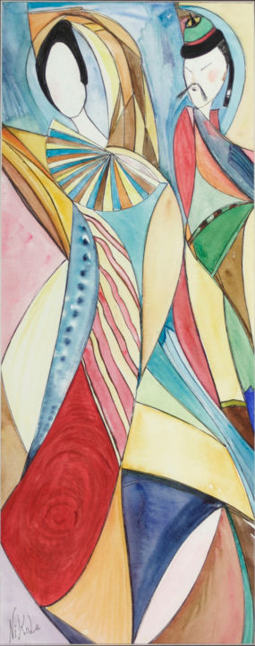 Peinture intitulée "COURTISANE A EDO" par Nikol, Œuvre d'art originale, Aquarelle