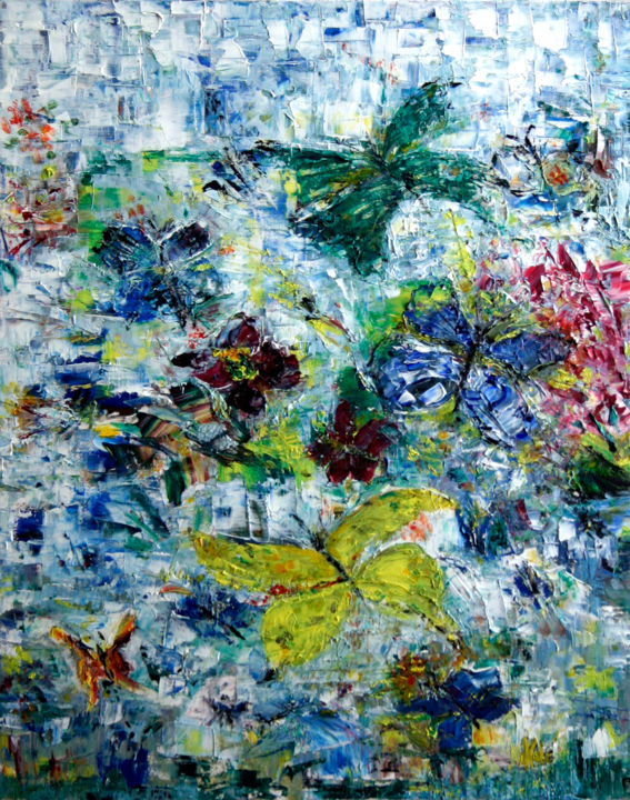 Painting titled "FLOCONS PAPILLONS" by Nikol, Original Artwork, Oil