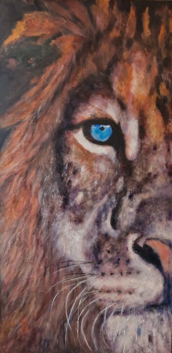 Painting titled "GROS PLAN DE LION" by Nicole Lavigne, Original Artwork, Oil