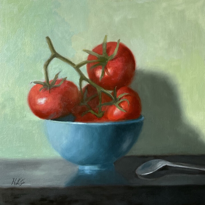 Pittura intitolato "Blue Bowl and Tomat…" da Nicole Le Gall, Opera d'arte originale, Olio