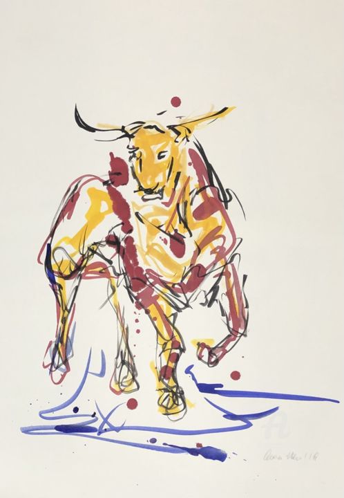 Malerei mit dem Titel "Stier 2" von Nicole Leidenfrost, Original-Kunstwerk, Tinte