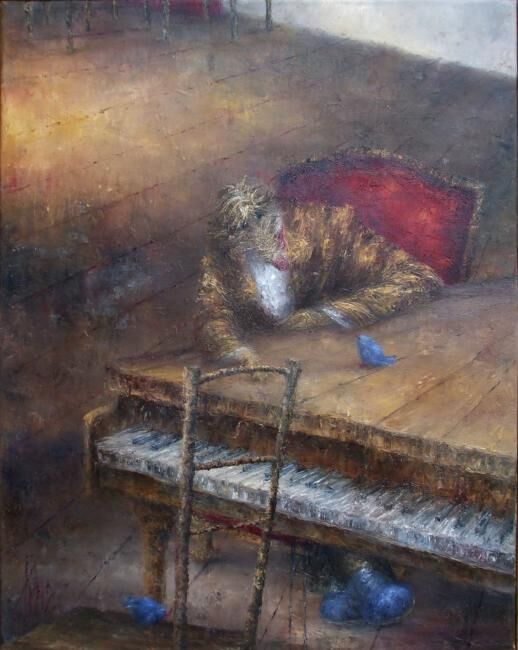 Painting titled "zoizo sur piano" by Nicole Pfund Nicolepfund Com, Original Artwork