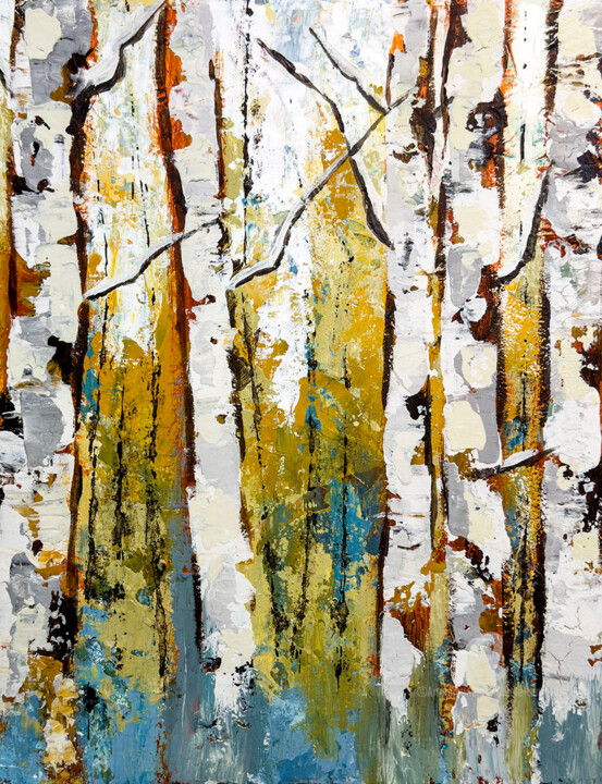 Painting titled "Yellow Birches" by Nicole Simmons, Original Artwork, Acrylic