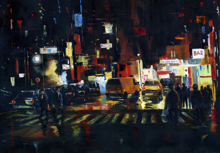 Peinture intitulée "Nuit sur la ville" par Nicole Wackenthaler, Œuvre d'art originale, Huile Monté sur Châssis en bois