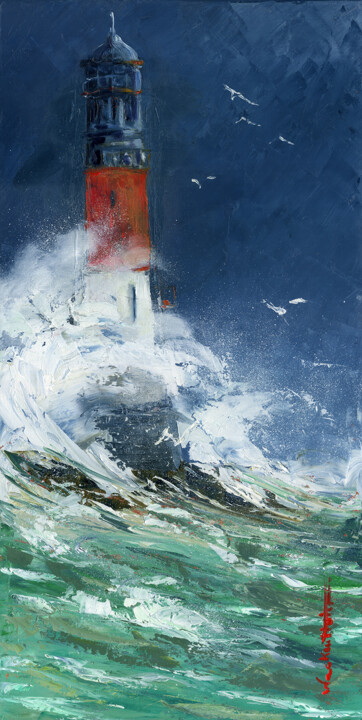 Peinture intitulée "Tempête sur le phare" par Nicole Wackenthaler, Œuvre d'art originale, Huile Monté sur Châssis en bois