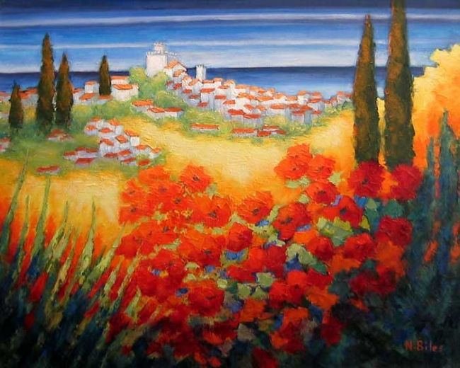 Painting titled "le village des haut…" by Nicole Biles, Original Artwork, Oil