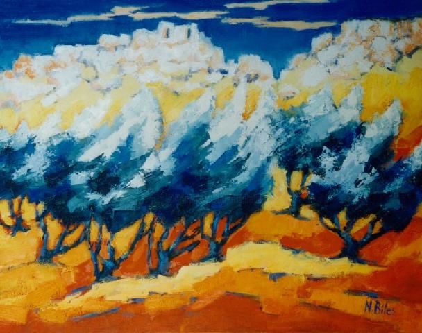 Painting titled "LES OLIVIERS AUX BA…" by Nicole Biles, Original Artwork, Oil