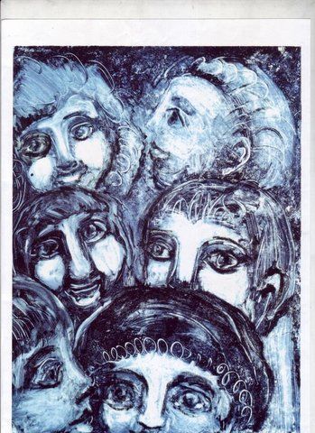 Peinture intitulée "4 visages bleus-002…" par Nicolle Tardif, Œuvre d'art originale, Huile