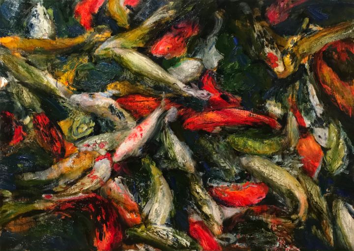 Schilderij getiteld "Fishes of Luck" door Nihad Agazadeh, Origineel Kunstwerk, Olie