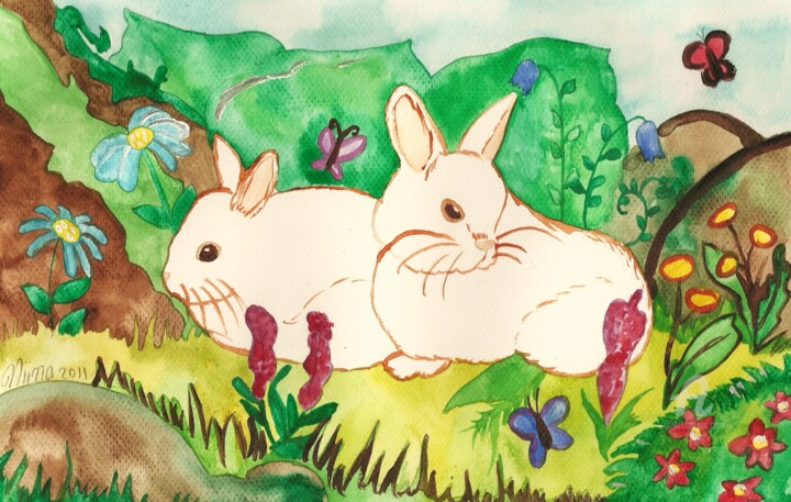 Painting titled "Garden Bunnies" by Niina Niskanen, Original Artwork, Watercolor